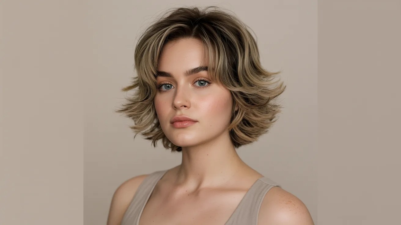 Woman with round face shape and layered short haircut with crown volume creating a lifted and balanced look.