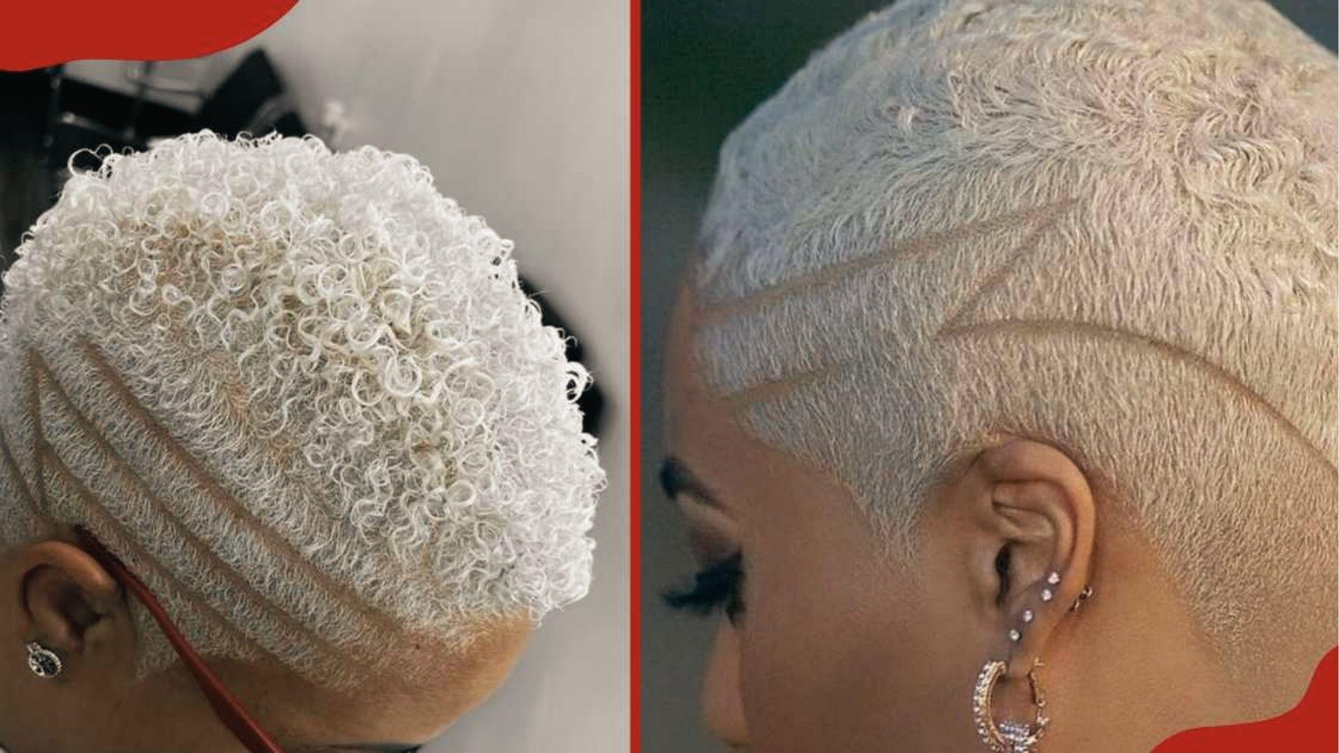 Split view of platinum blonde curly with shaved side designs, red frame, studs