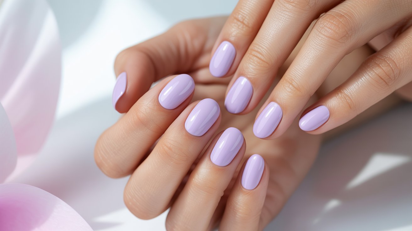 Lavender milk nails with creamy glossy pastel manicure styling on classy feminine hands beautifully displayed.