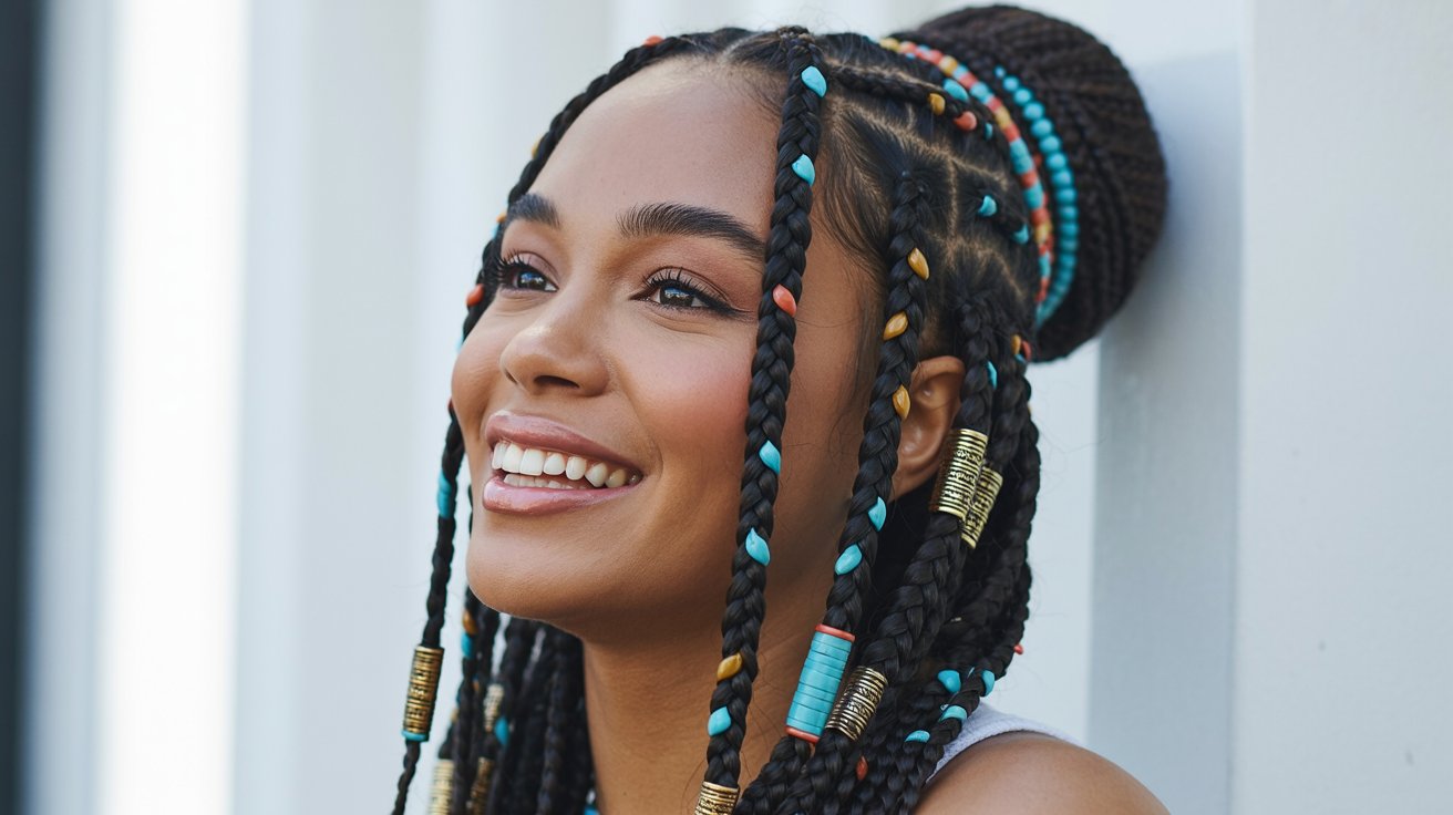 Black girl wearing braided bun hairstyle decorated with colorful beads and stylish braid accessories today