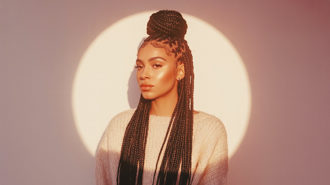 Black girl wearing half-up half-down braided bun hairstyle with long flowing braids beautifully styled