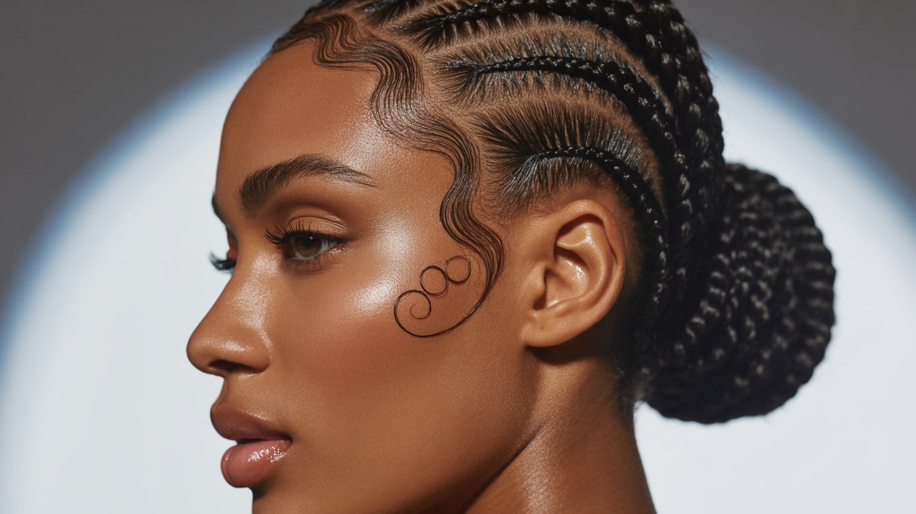 Black woman wearing braided bun hairstyle with perfectly styled baby hairs framing face beautifully today
