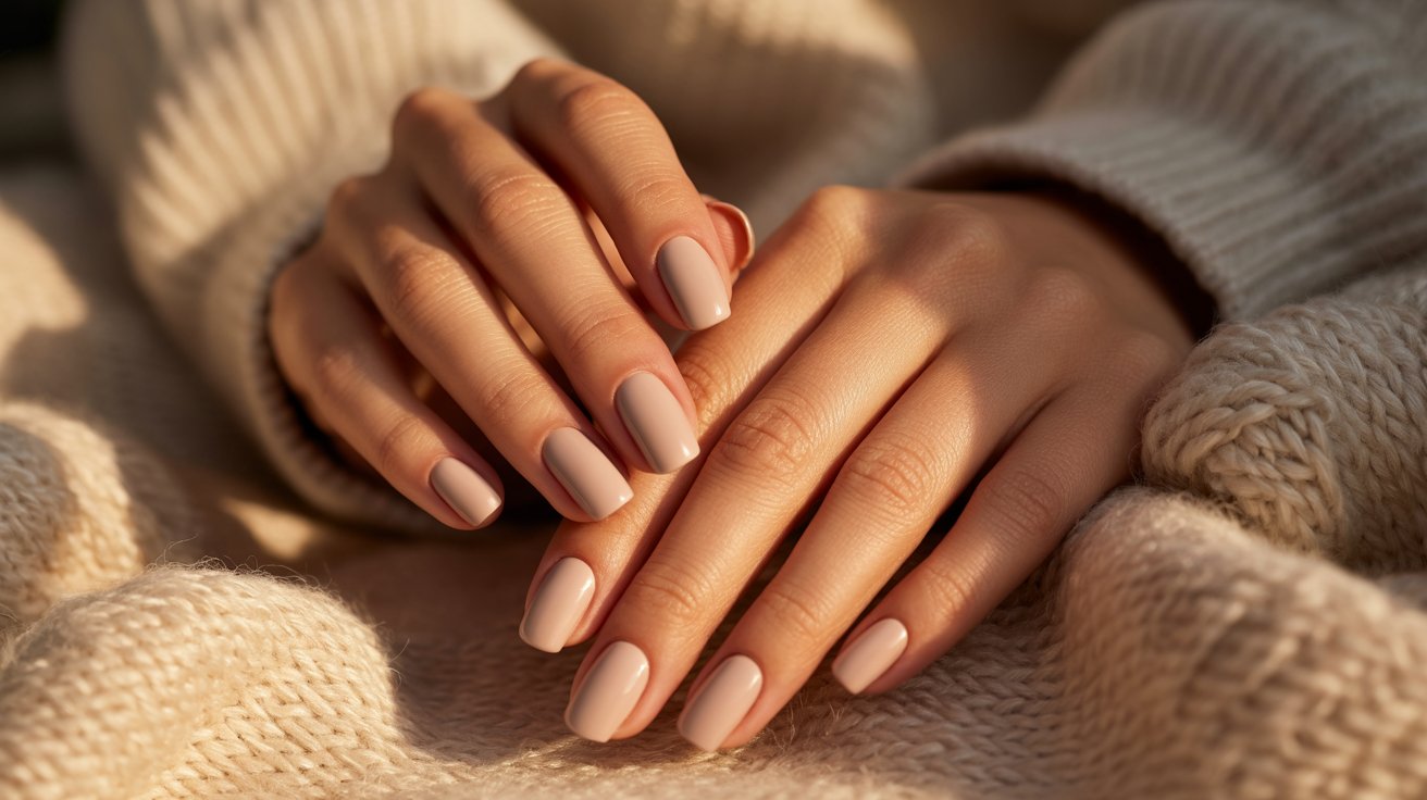 "Short matte latte gel nails in warm neutral tones with a soft velvety finish and cozy minimalist manicure style."