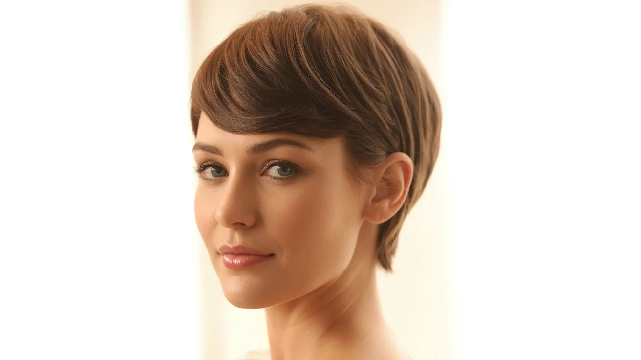 Woman with heart face shape and feathered pixie cut with side-swept bangs and soft volume near ears and nape.