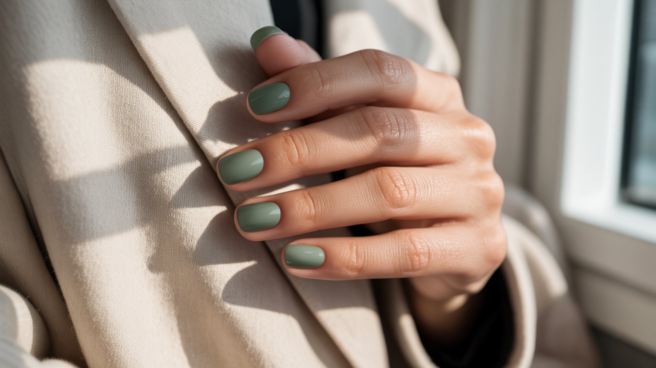 "Short sage green gel nails with a matte finish in a trendy minimalist and earthy manicure style."