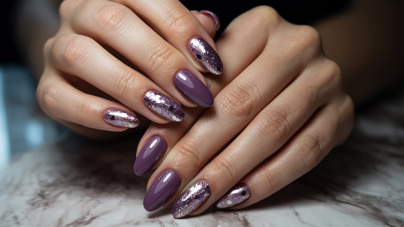 Purple almond nails with sparkling glitter accents and glossy feminine manicure styling classyly displayed beautifully.