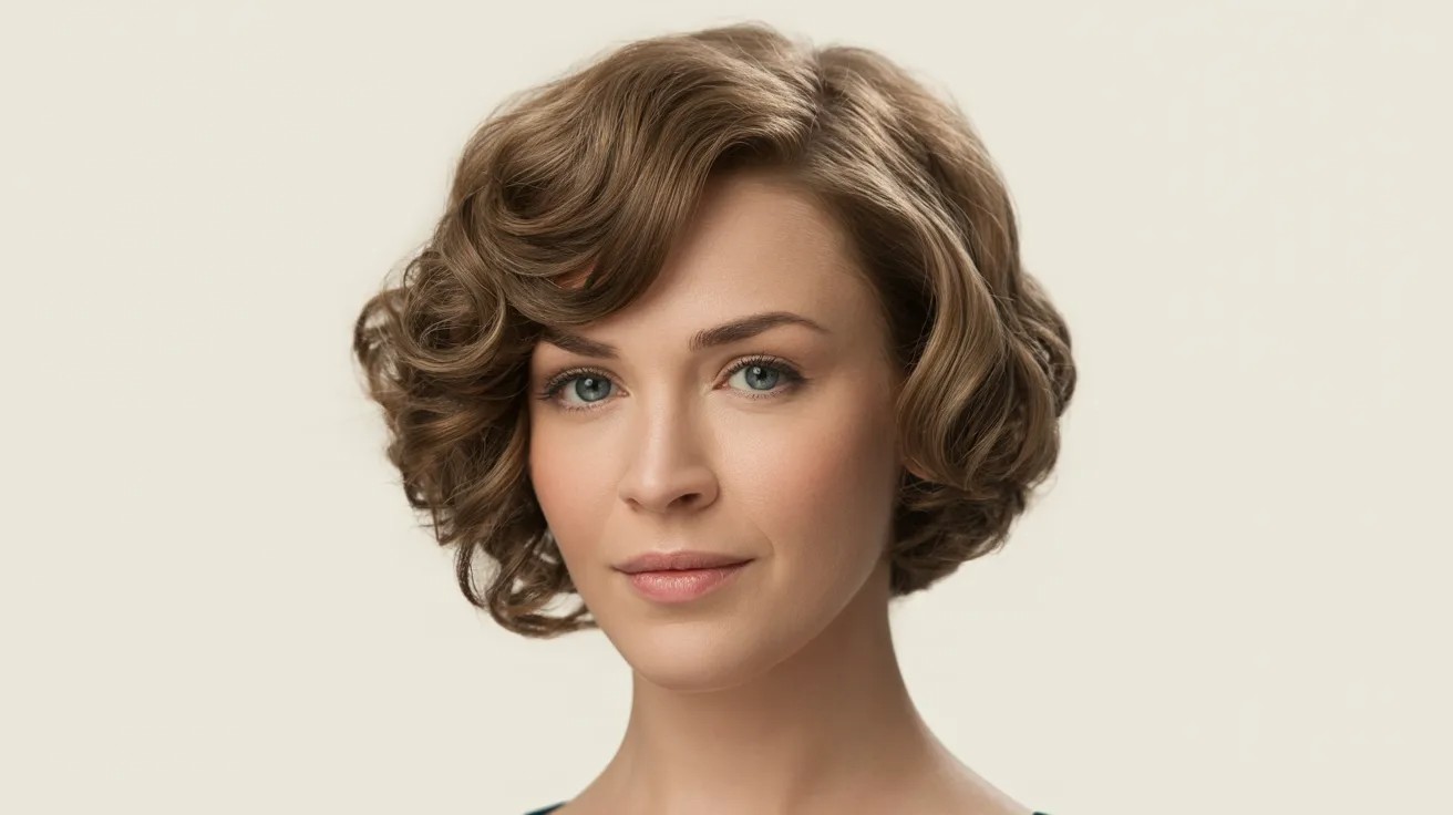 Woman with oblong face shape and short hairstyle adding side volume for balanced facial width.