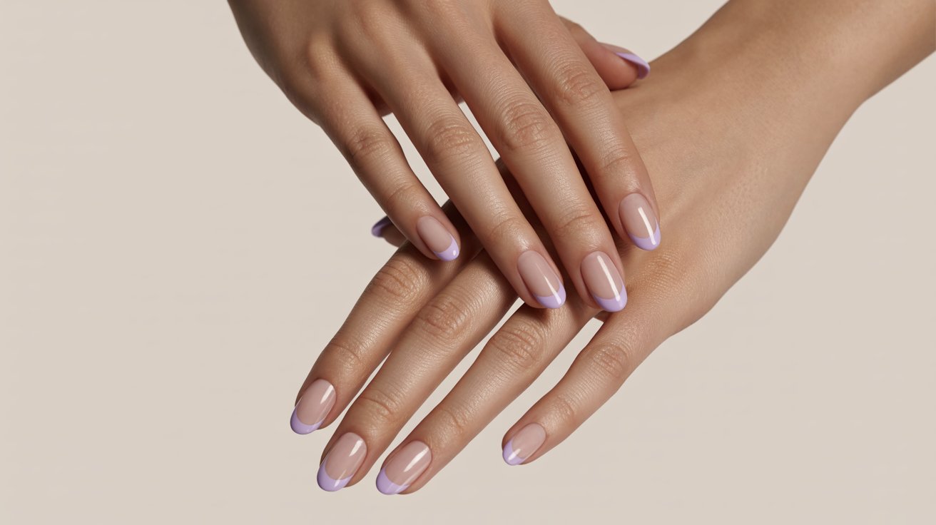 Lilac French tip nails with soft purple accents on glossy natural nude manicure beautifully styled.