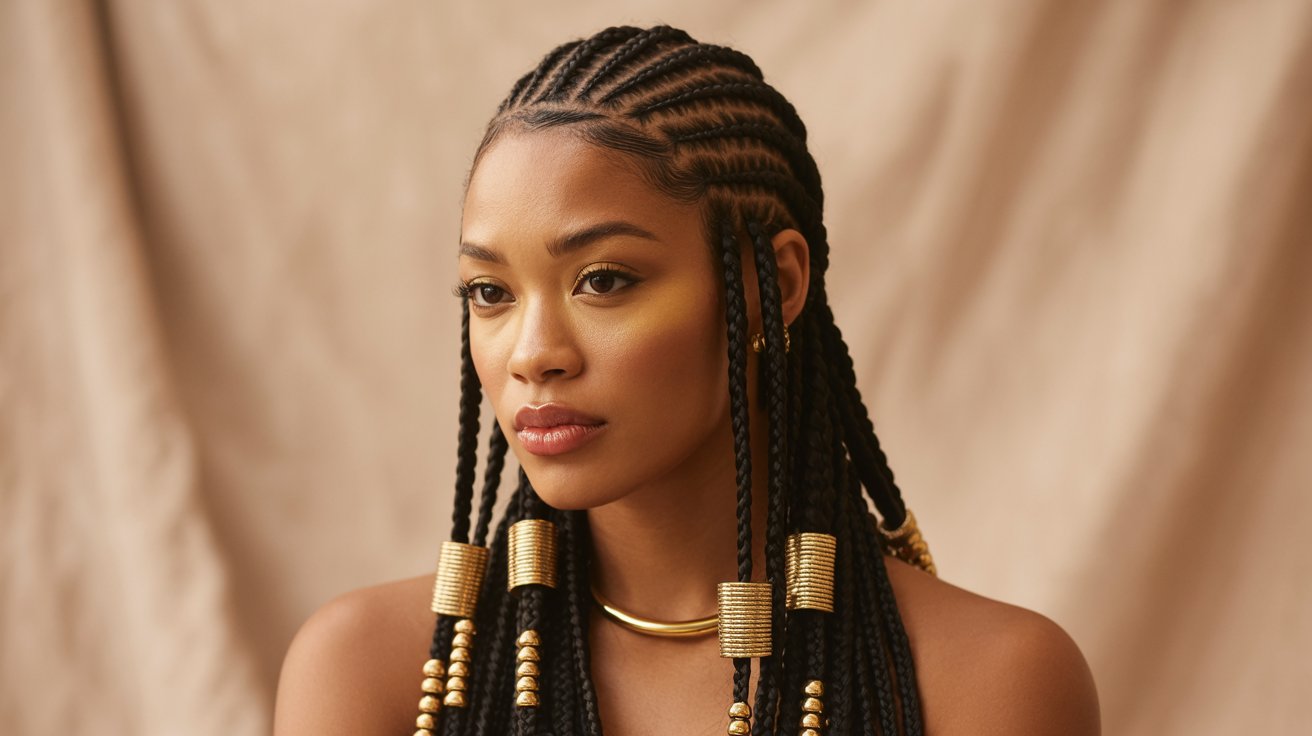 Black woman wearing Fulani braids styled into elegant braided bun with beads and accessories