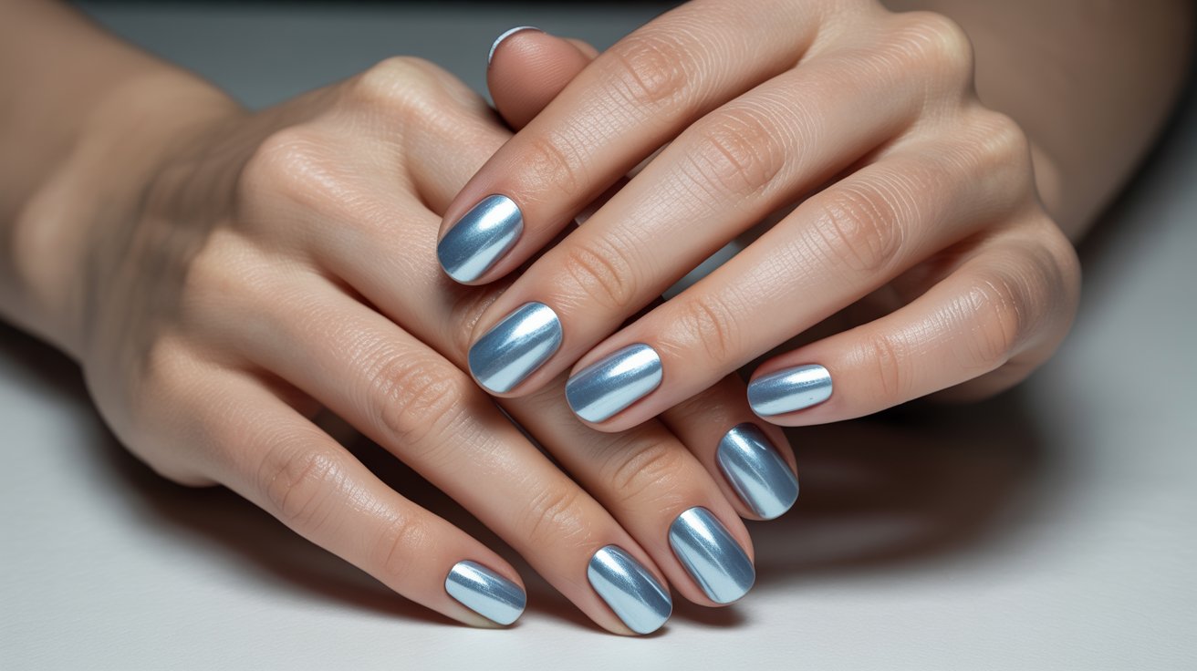 "Short icy blue chrome gel nails with a frosty reflective finish in a sleek winter-influenced manicure style."