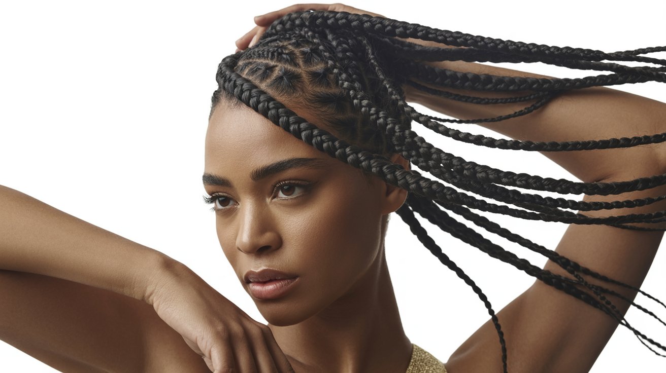 Black woman wearing lemonade braids gathered into stylish side braided bun with sleek finish