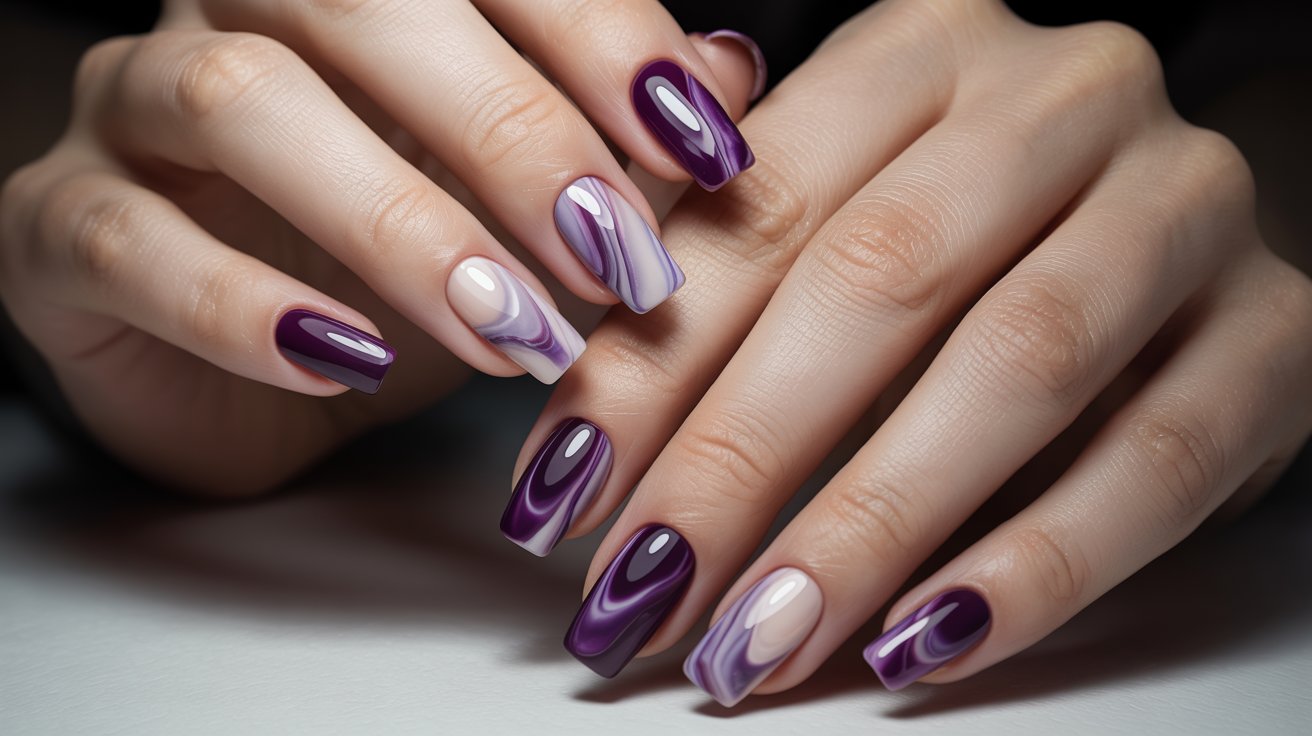 Purple marble nails with glossy swirled stone-influenced patterns on classy feminine manicured hands beautifully styled.