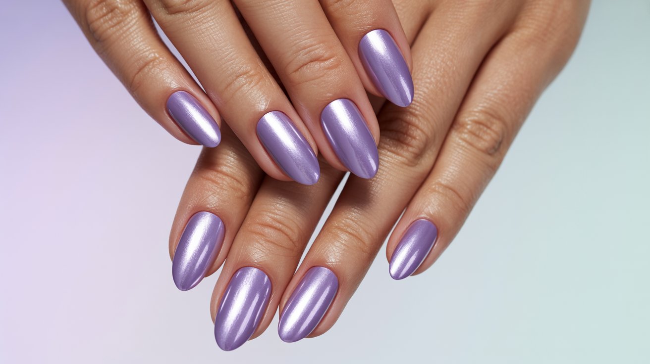 Lavender chrome nails with reflective glazed finish and modern metallic pastel manicure aesthetic.