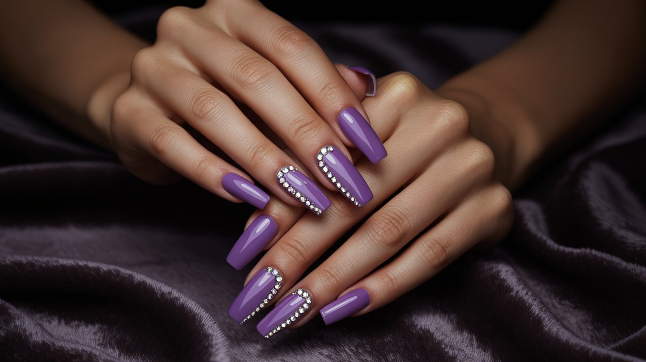 Purple coffin nails with sparkling rhinestones and glossy glamorous manicure styling on classy feminine hands.