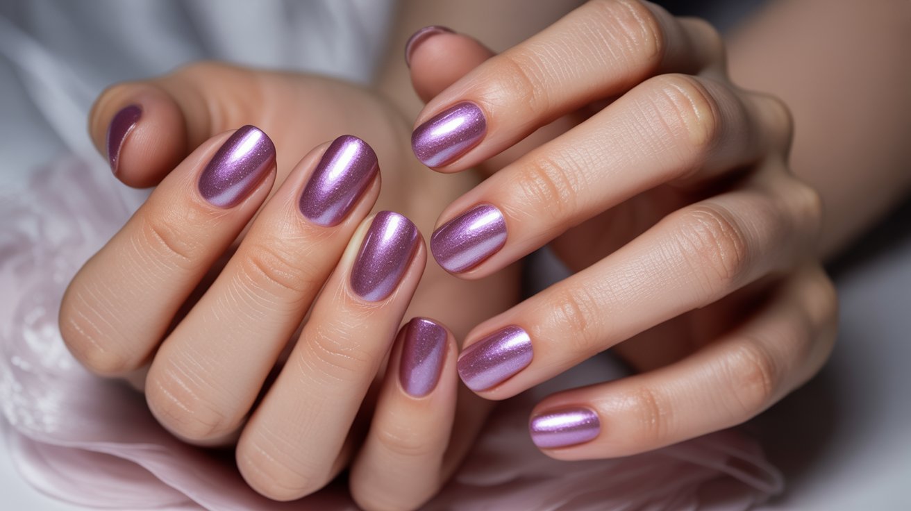 Purple pearl nails with iridescent glossy shimmer on classy feminine manicured hands beautifully displayed stylishly.