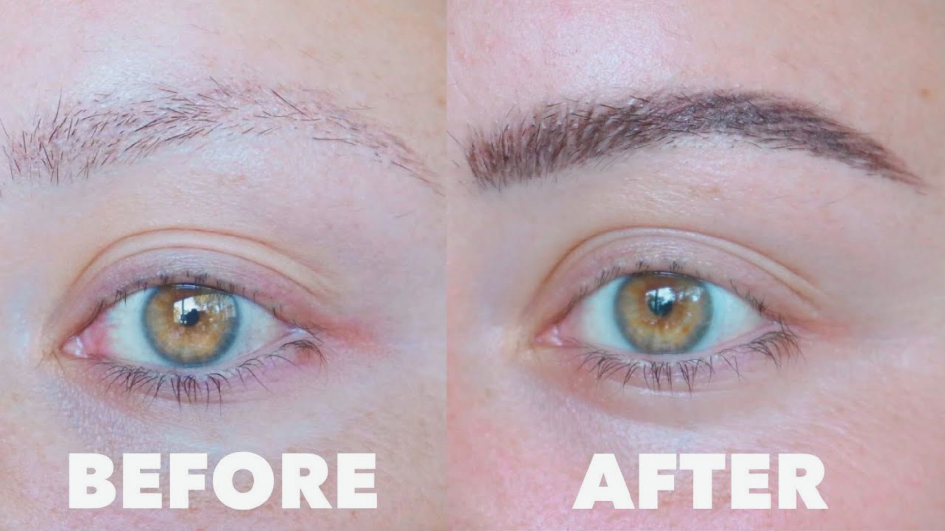 Before and after images showcasing the change of eyebrow shape and fullness from a beauty treatment.