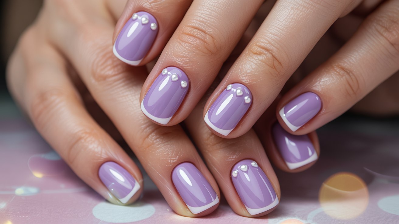 Lavender heart nails with romantic pastel manicure and delicate feminine nail art.