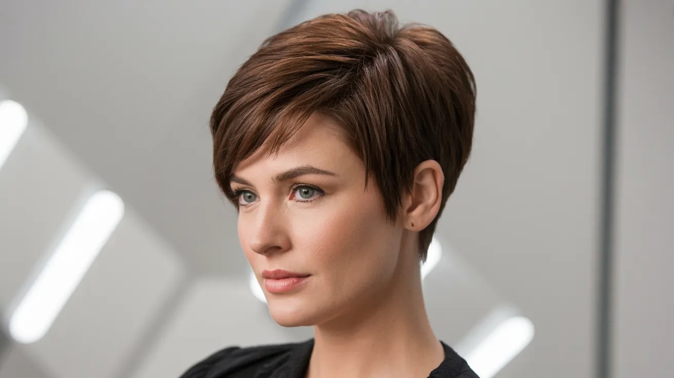 Woman with round face shape and pixie cut with height on top creating a more elongated look.