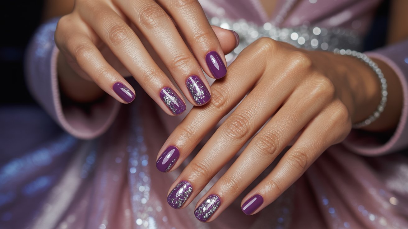 Purple and silver glitter nails with sparkling glossy manicure styling on classy feminine hands beautifully.
