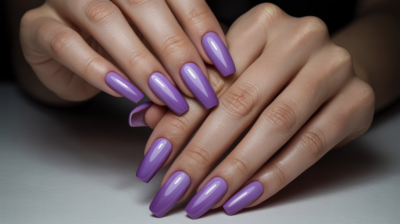 Purple ombre acrylic nails blending lavender and violet shades with glossy classy manicure styling beautifully.