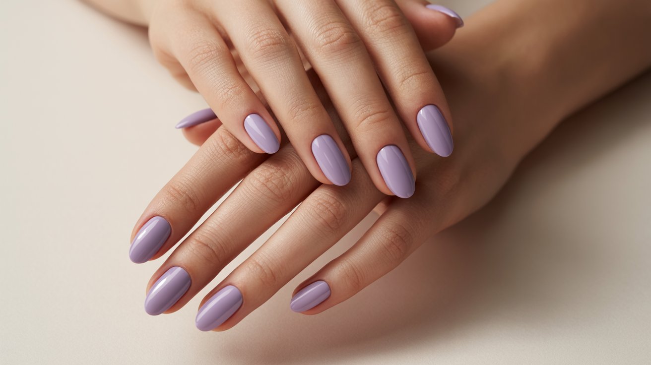 Matte lavender nails with velvety pastel finish in sleek minimalist manicure aesthetic.