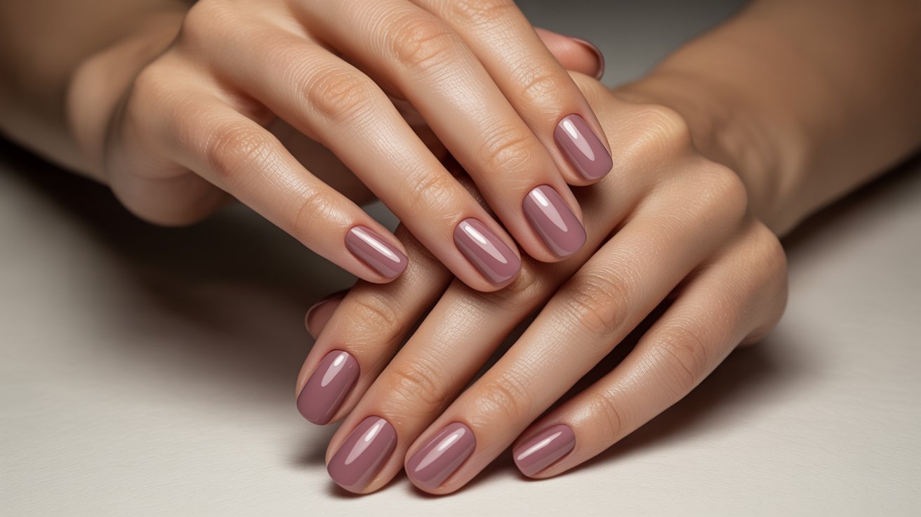 Classy mauve nail designs with glossy soft purple tones on classy feminine manicured hands beautifully.