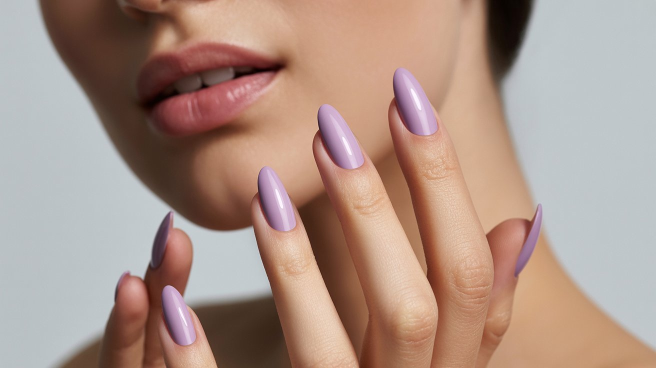 Lavender almond nails with glossy pastel manicure and classy feminine beauty aesthetic.
