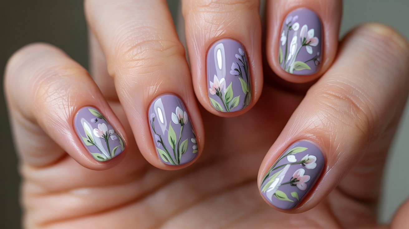 Lavender floral nails with hand-painted botanical nail art in classy pastel aesthetic.