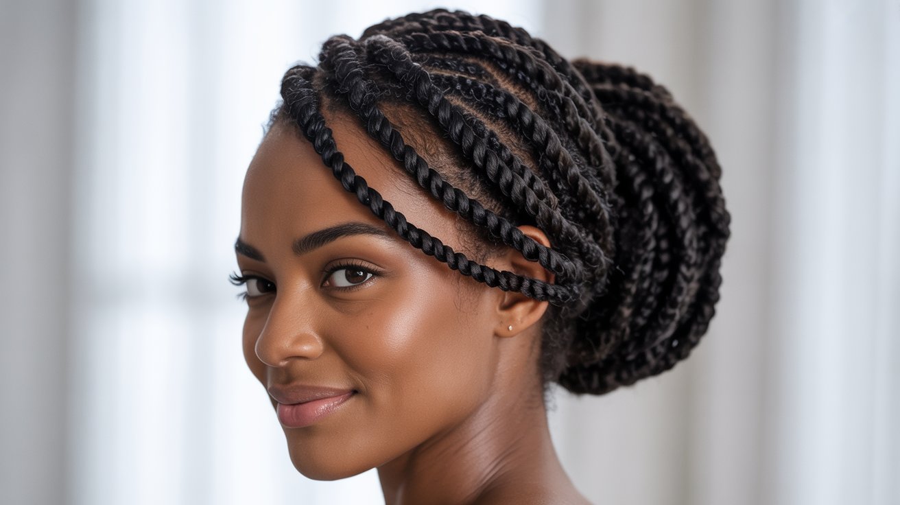 Black woman wearing flat twist braided bun hairstyle with smooth elegant twist patterns beautifully styled