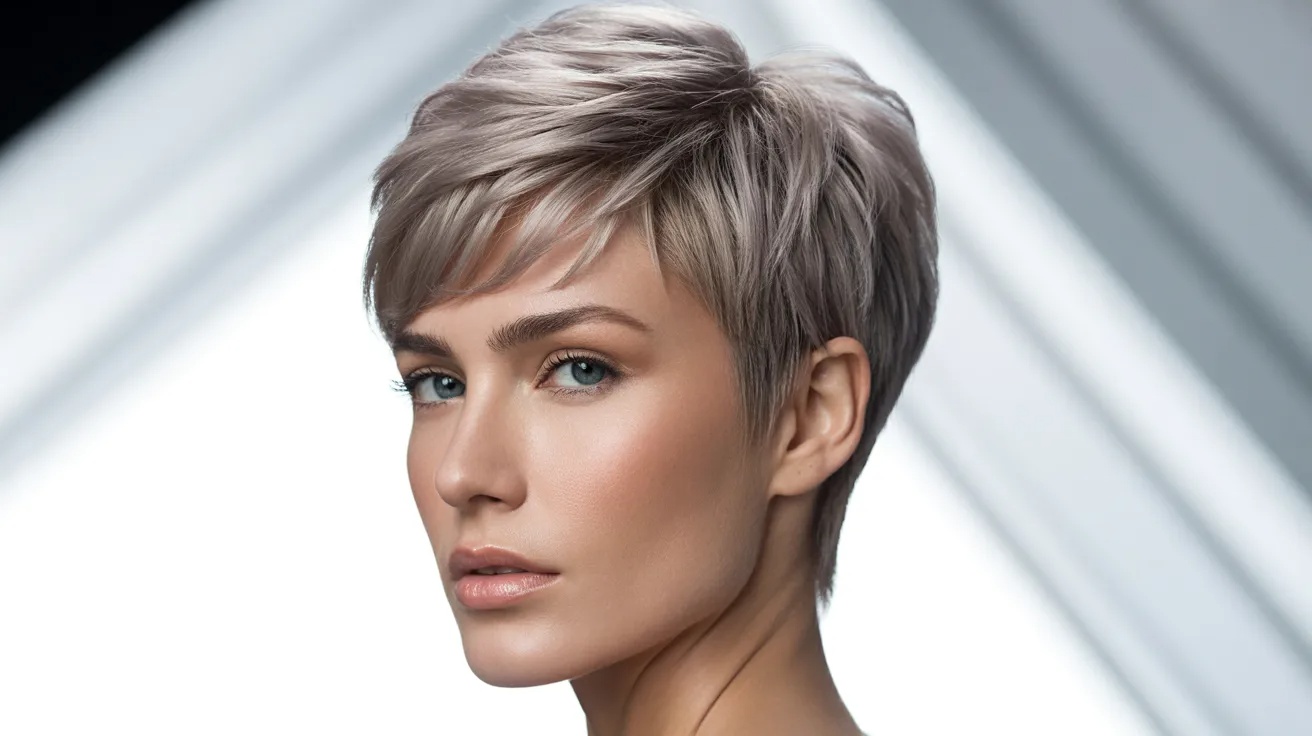 Woman with diamond face shape and edgy textured pixie cut balancing wide cheekbones with volume on top and nape.