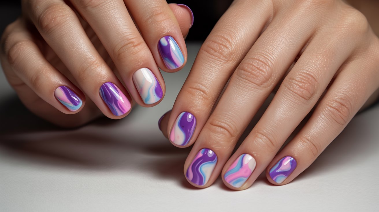 Purple tie-dye nails with colorful glossy swirled manicure styling on classy feminine hands beautifully displayed.
