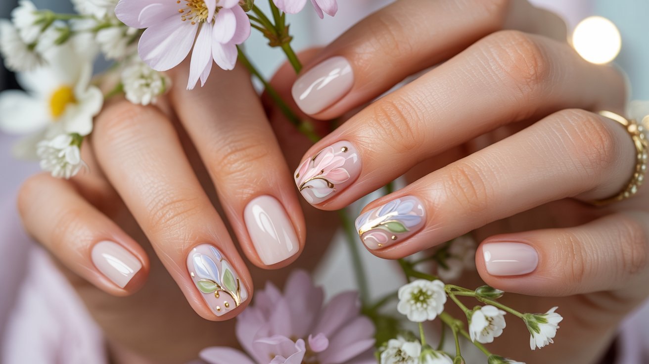 "Short gel nails with tiny floral nail art and pastel glossy polish in a soft feminine spring manicure style."