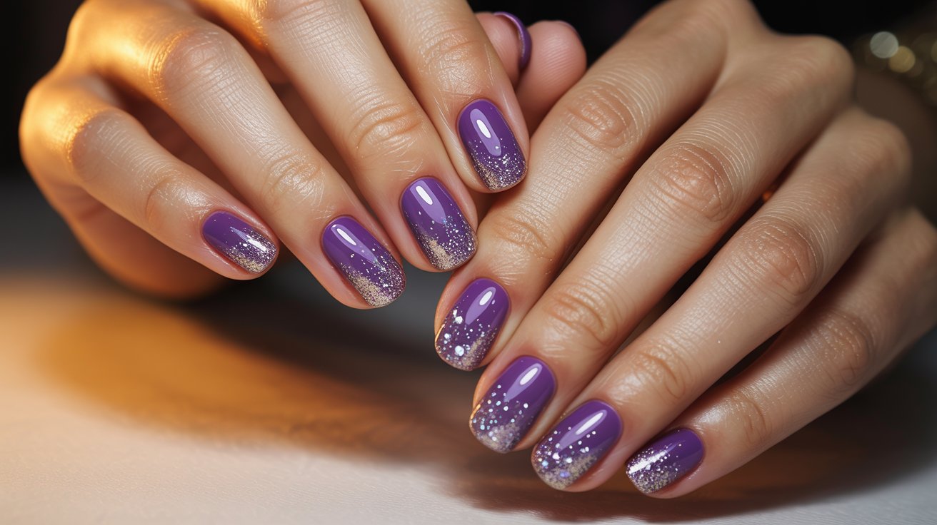 Purple ombre nails fading into glittery sparkling tips with glamorous glossy manicure styling beautifully displayed.