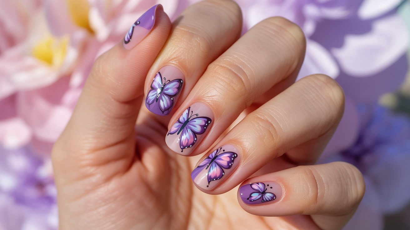 Purple butterfly nail art with delicate wings and glossy lilac manicure on feminine classy hands.