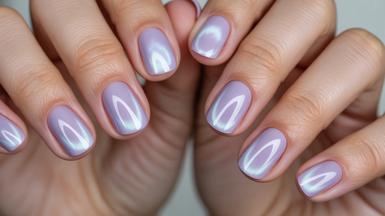 Lavender aura nails with glowing airbrushed manicure and dreamy pastel purple aesthetic.
