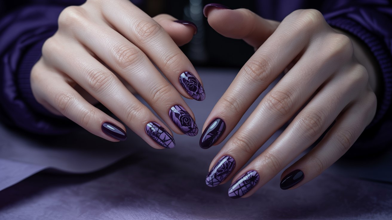 Purple and black gothic nails with edgy glossy designs on dramatic classy feminine hands beautifully.