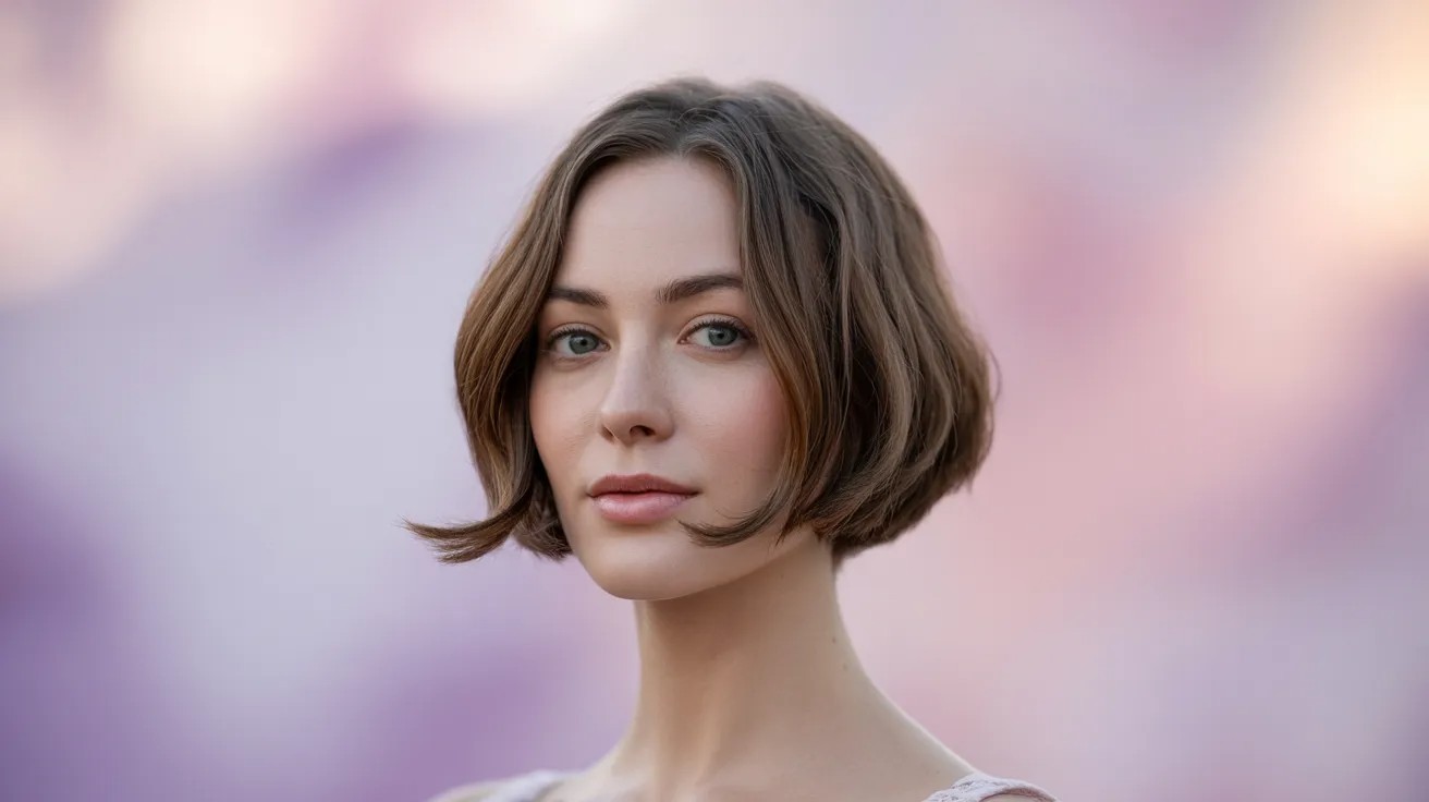 Woman with heart face shape and chin-length bob adding volume near chin to balance forehead width.