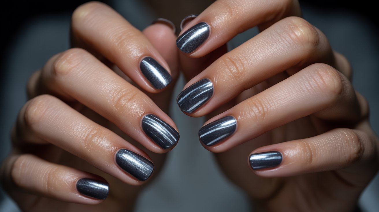 "Short cat eye gel nails with a magnetic shimmering effect and glossy reflective finish in a trendy modern manicure style."