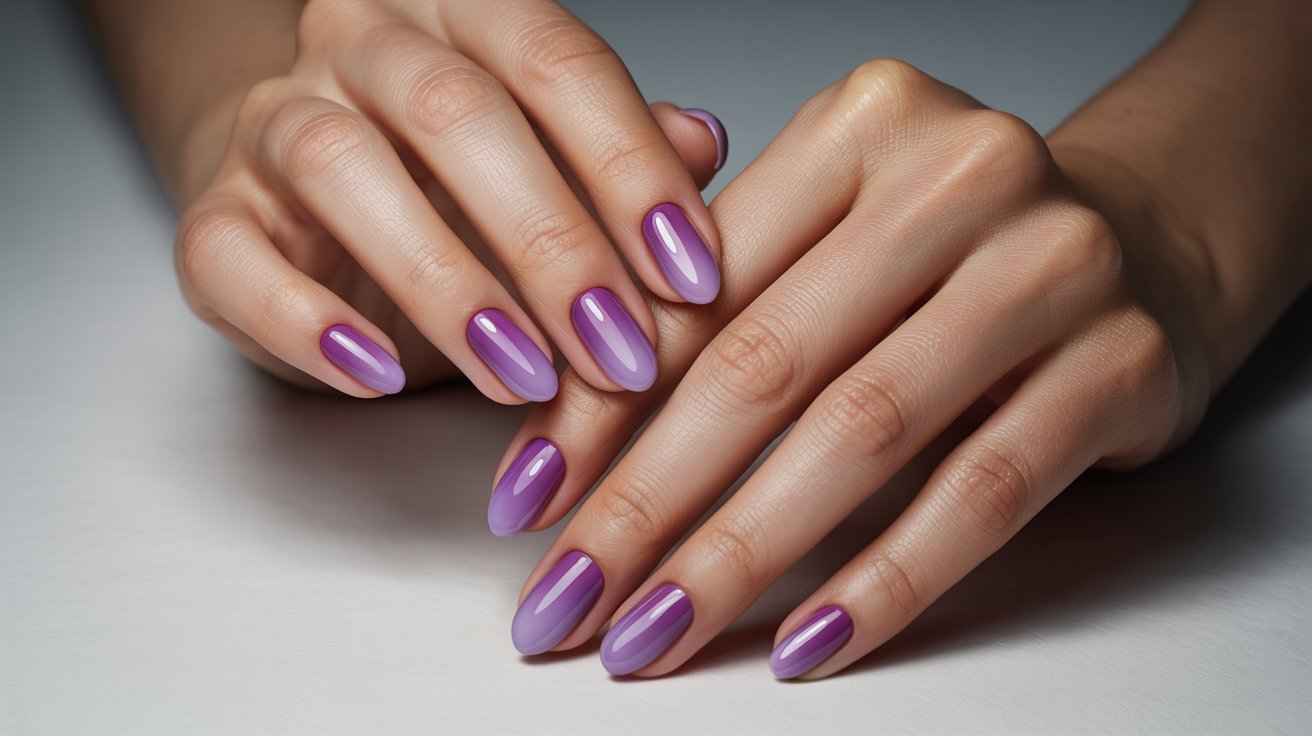 Purple gradient nails blending glossy violet shades on classy feminine manicured hands beautifully displayed stylishly.