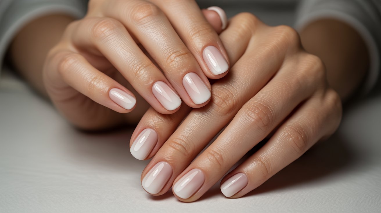 "Short nude ombre gel nails with a soft beige-to-white gradient and glossy polished manicure finish."
