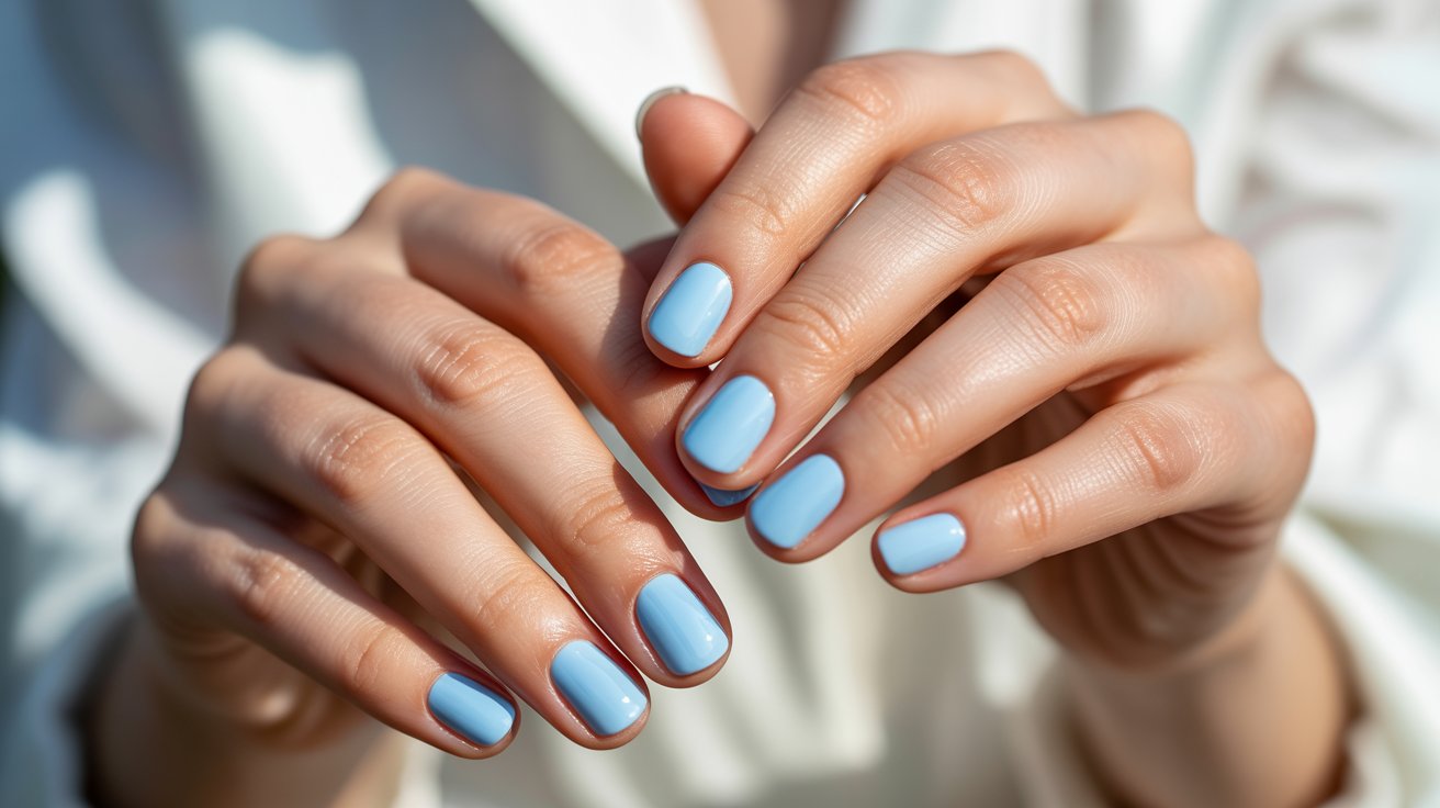 "Short baby blue gel nails with a glossy pastel finish in a fresh spring and summer manicure style."