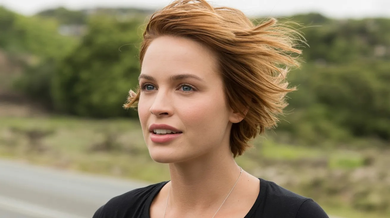 Woman with oval face shape and textured pixie cut showing effortless and versatile styling.