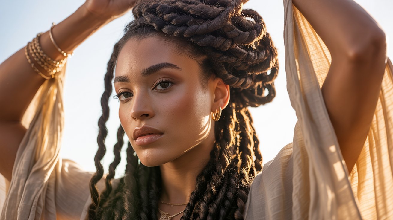 Black woman wearing faux locs styled into textured braided bun with bohemian fashionable appearance today