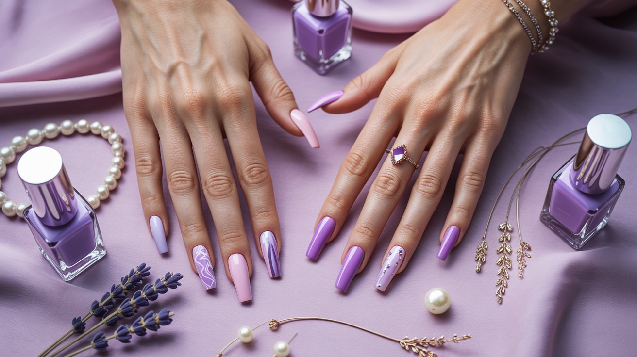 Purple manicures featuring lavender, plum, chrome, glitter, ombré, and floral nail art on classy hands.