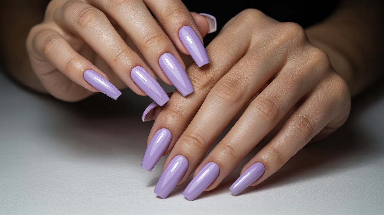Lavender coffin nails with glossy pastel manicure in bold feminine beauty aesthetic.
