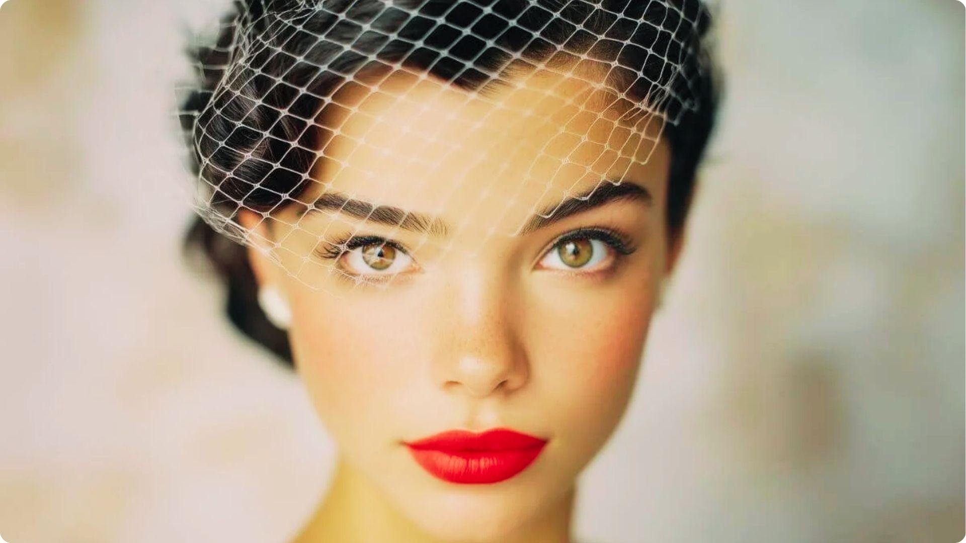 Close-up of a bride in a birdcage veil with soft natural makeup featuring groomed brows, fluttery lashes, and a bold red lip.