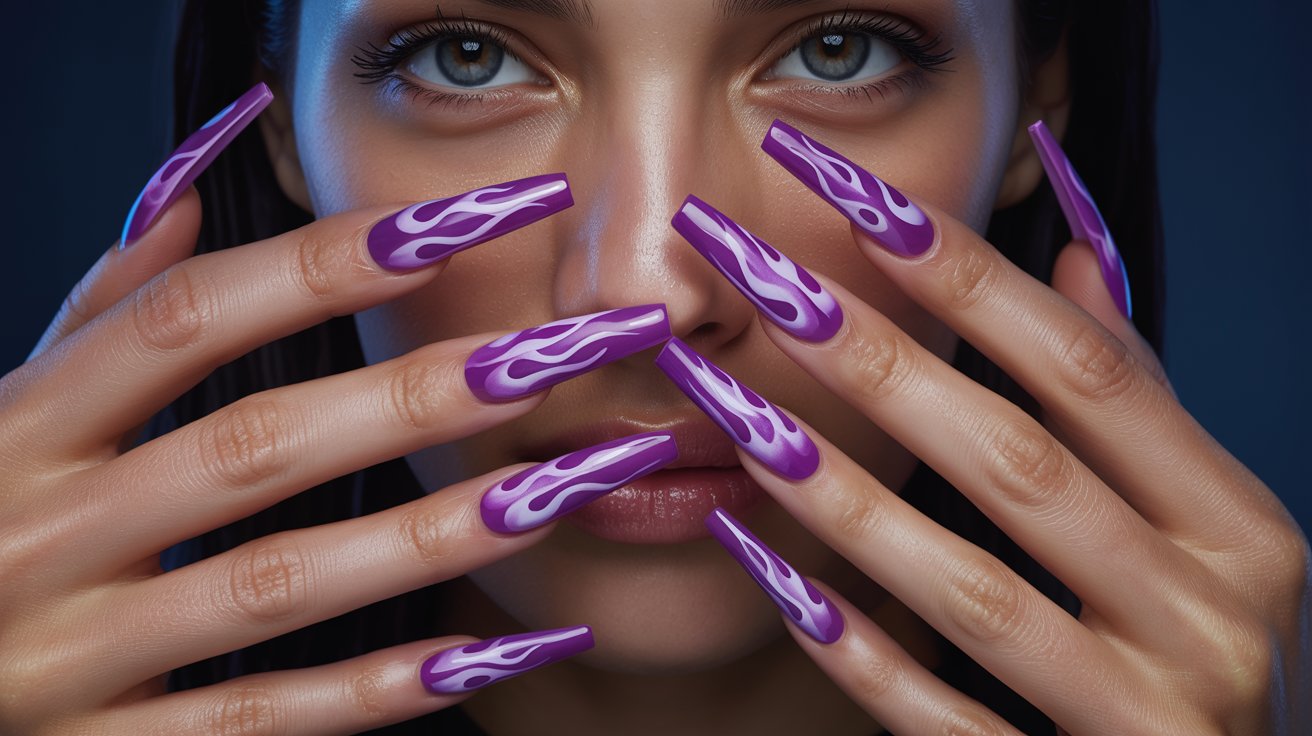 Purple flame nail art with glossy swirling designs on bold classy feminine manicured hands beautifully.