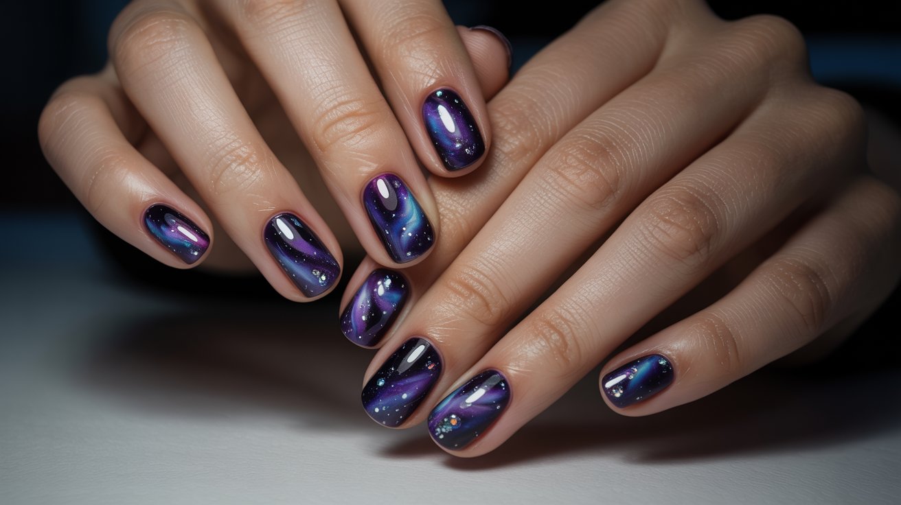 Galaxy-influenced purple nails with glittery cosmic details and glossy celestial manicure styling on classy hands.