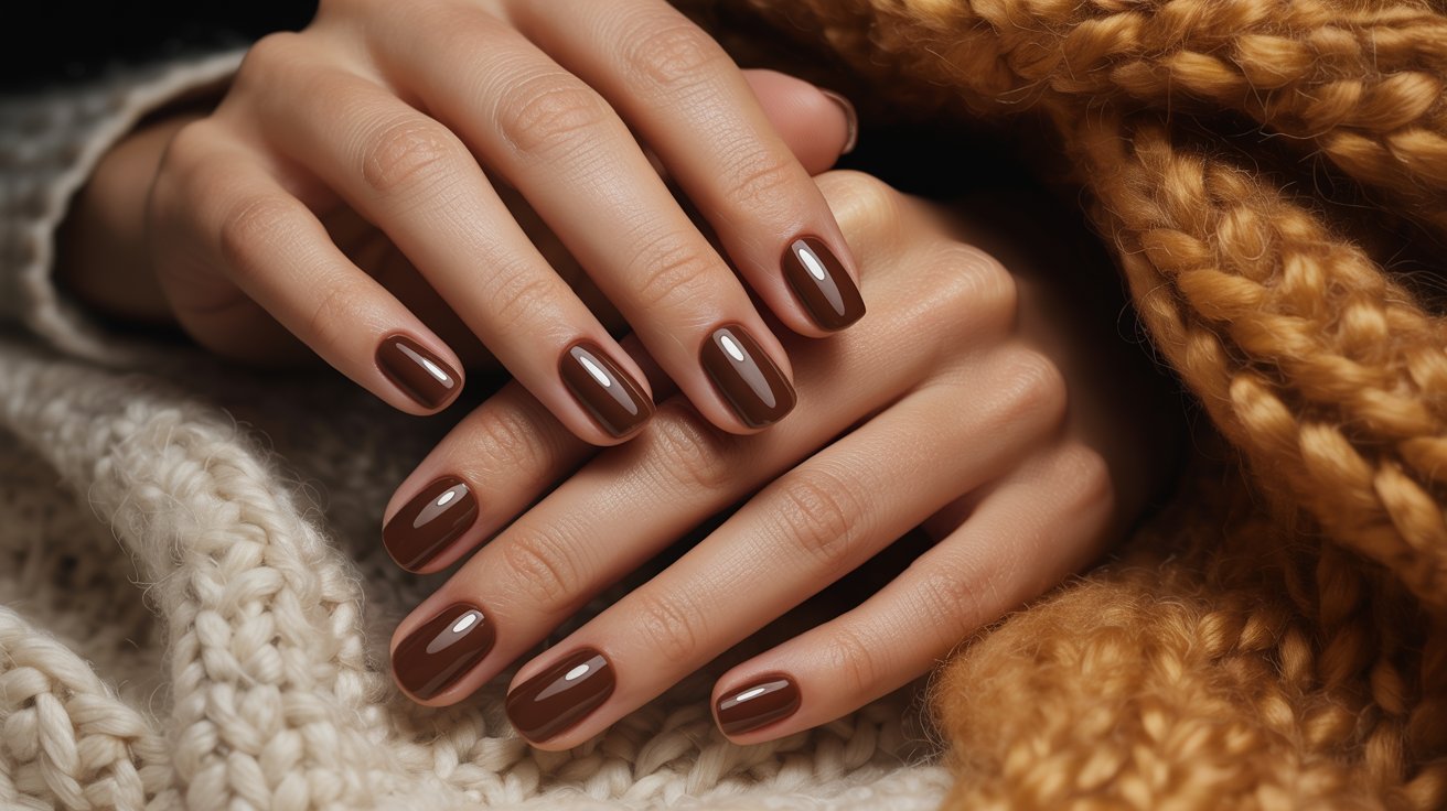 "Short chocolate brown gel nails with a glossy finish in a warm autumn manicure style."