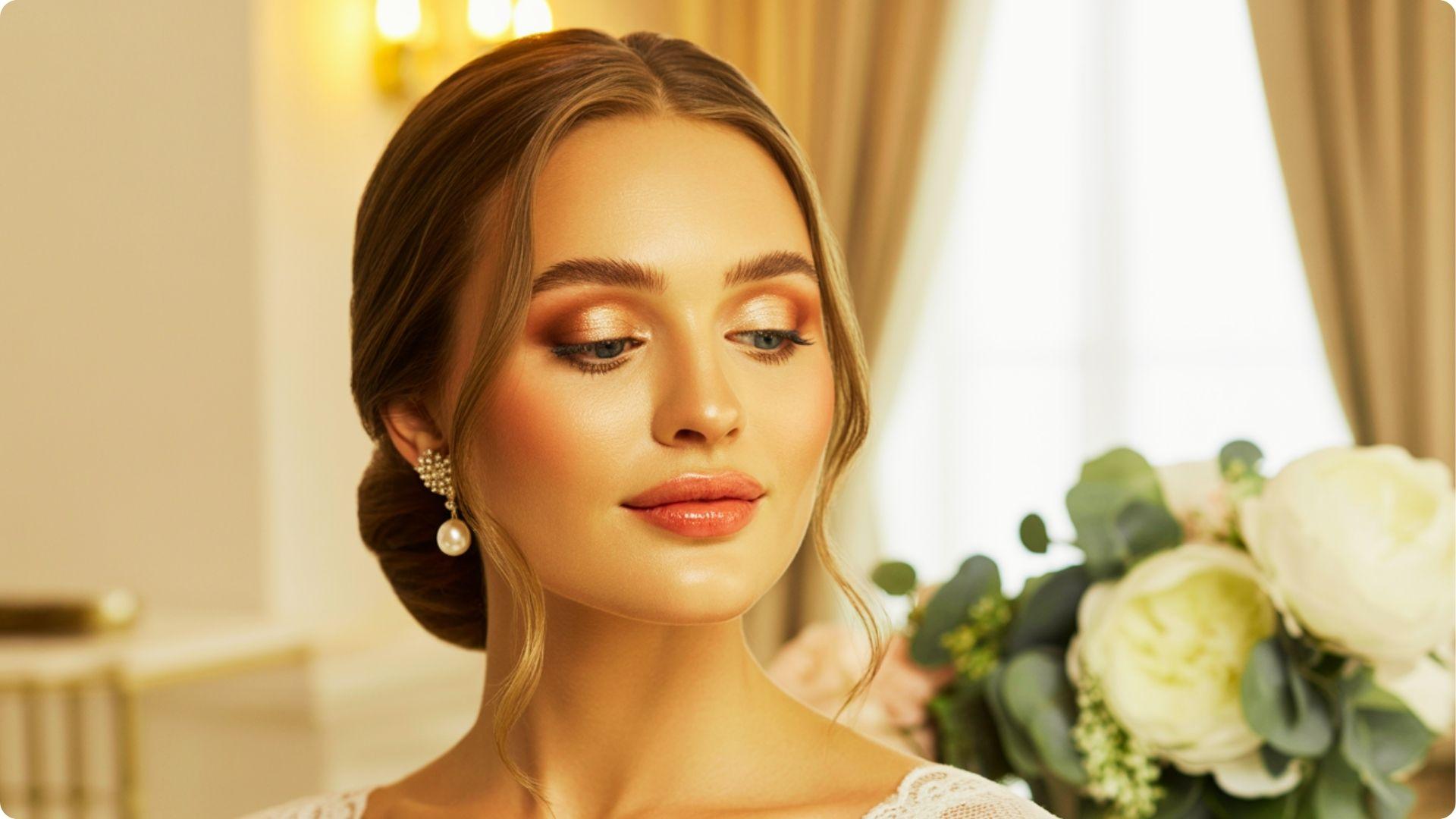 Classy bride with an updo and pearl drop earrings showcasing soft natural bridal makeup with champagne shimmer eyeshadow and peachy gloss lips.